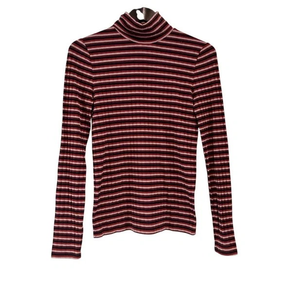 Madewell Red Multicolor Long Sleeve Striped Ribbed Stretch Turtleneck Top Sz S - Picture 1 of 12
